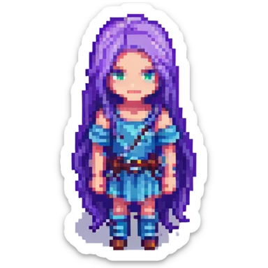 character with long purple hair, pixel art style sticker