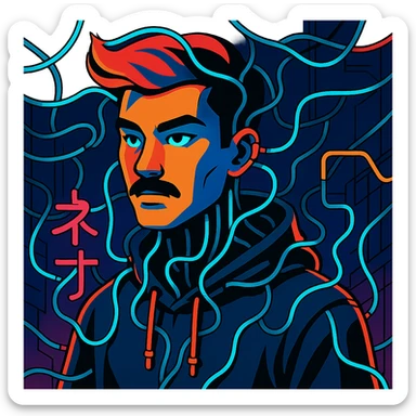 Add electric wires connecting to the body of the Asian man with black mustache, red hair, black hoodie, neon lights, Japanese cyberpunk anime style sticker