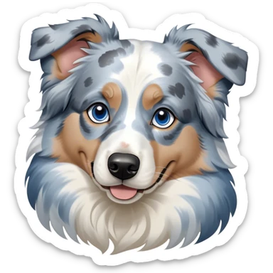 Cinematic Noble Blue Merle and White Australian Shepherd Portrait Emoji, Poised and regal, with a strong, agile build and a well-groomed blue merle coat accented by crisp white markings, piercing blue eyes, Simplified yet sharp and sophisticated features, highly detailed, glowing with a soft, dignified glow, high shine, intelligent and loyal, stylized with an air of strength, focused and attentive, soft glowing outline, capturing the essence of a watchful and confident herder, so majestic it feels as though it could step out of the screen with effortless authority! sticker