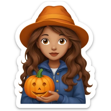 Cozy mixed girl with long wavy brown hair dressed for fall holding a pumpkin  sticker