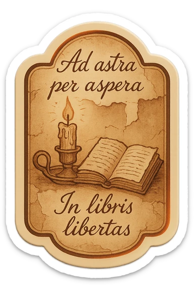 sticker with the Latin phrases 'Ad astra per aspera' and 'In libris libertas' in handwritten script, with torn paper textures, vintage candle, open book, and subtle ink drawing details, soft textured dark academia and cottagecore style, warm muted colors, thoughtful and literary sticker