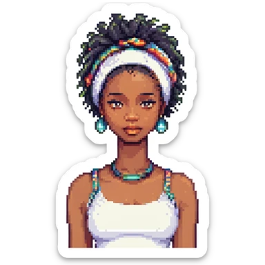 black woman with natural hair, with a headband, pixel art style sticker