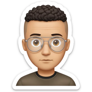 Latino man with small oval face and big forehead, clear lens aviator-style eyeglasses with metal frames, completely bald/shaved sides with very short curly dark hair only on top of head, neutral-friendly expression, light brown skin, wearing a black t-shirt sticker