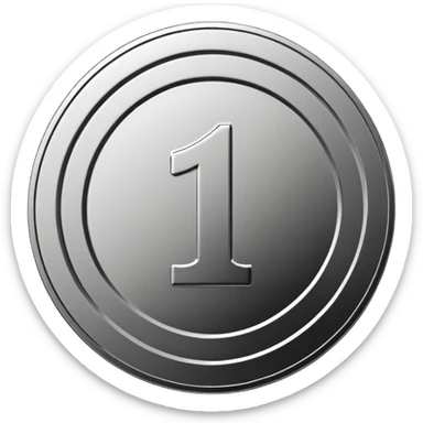 Emoji icon of a metal coin with engraved number 1, minimalist style, isolated, only metal color sticker