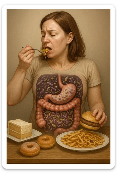 donna con batteri cattivi pieni nel suo intestino immagini realistiche mangia alimentazione ricca di glutine e zuccheri alimentando tutti i batteri cattivi sticker