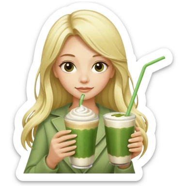 blonde luxury long hair girl with 1 matcha latte and 2 straws sticker