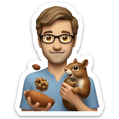 A man with brown hair, glasses and fair skin, feeds a squirrel with nuts sticker
