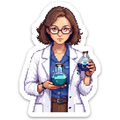 Flat pixel art, a female chemist, wearing glasses, white lab coat over indigo shirt, focusing on lab experiment, holding a flask in her right hand, waist-up, front-facing sticker