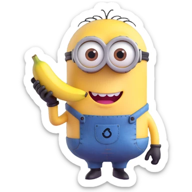 minion character with one eye smiling holding a banana sticker