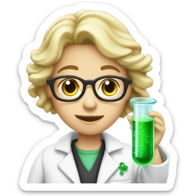 Student wearing a lab coat with a test tube containing green bubbly liquid sticker