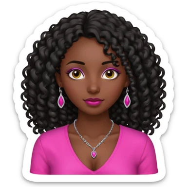 Dark skin girl with long black curly hair with 4 edges 2 on each side wearing a hot pink v-cut neckline shirt with a simple silver necklace sticker
