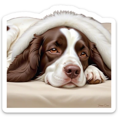 Meme-Worthy Cute Sleeping Springer Spaniel Portrait Emoji, Head resting peacefully with a contented smile, showcasing a delightfully agile build and a luxuriously soft liver and white Fur, eyes shut in a serene nap, Simplified yet hilariously adorable features, highly detailed, glowing with a soft, drowsy light, high shine, relaxed and utterly lovable, stylized with an air of playful laziness, bright and heartwarming, soft glowing outline, capturing the essence of a comically sleepy companion, so meme-worthy it feels like it could instantly become the next viral sensation of adorable slumber! sticker