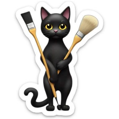 Black cat is holding a brush with paints sticker