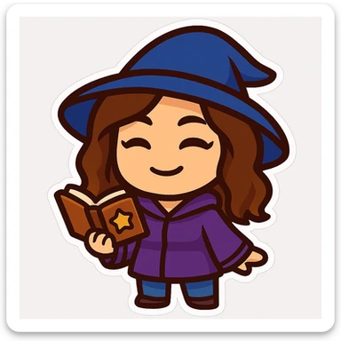 Sticker style chibi emote of the woman from the reference images, wearing a purple hoodie and jeans, with a wizard hat, holding a magic book, no headband, no sparkles, transparent background. sticker