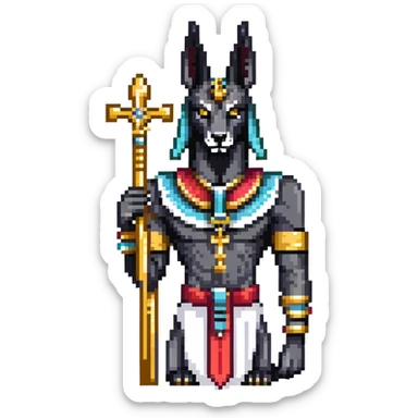 Egyptian god Anubis with black jackal head, gold collar, Egyptian headdress, holding ankh symbol sticker
