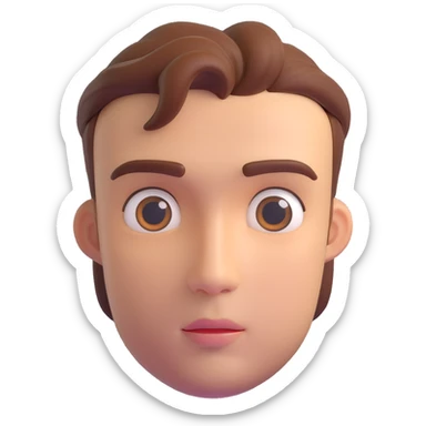 3D emoji-style head of a handsome man, front view, eyes gazing upward thoughtfully, symmetrical features, calm expression, smooth skin, soft lighting sticker