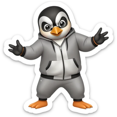 friendly anthropomorphised penguin wearing a mafia-style tracksuit, secretive scheming pose, soprano vibe, angry expression, running with a determined sprint, holding a knuckle duster sticker
