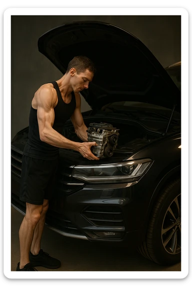 a lean, slimmed-down bodybuilder in gym clothes stands beside a large, imposing car (like an SUV or luxury sedan) with the hood open. Con attenzione e un po’ di fatica, solleva e installa un piccolo motore nel grande vano motore dell’auto. Il contrasto tra la stazza dell’auto e la dimensione ridotta sia del motore che del bodybuilder è evidente. L’atmosfera è riflessiva e simbolica. sticker