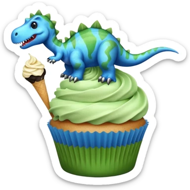 A cupcake having blue and black icing and a dinosaur as a decoration and ice cream next to it sticker