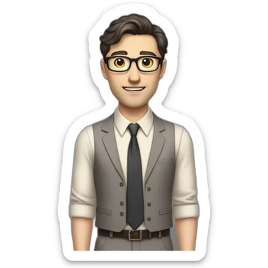 Full height Pale skinned Fit Man With dark brown hair in classic gray suit, beige office shirt, dark gray tie, and vintage glasses. Thrumbs of his palms directed up sticker