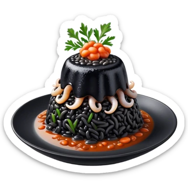 Cinematic Realistic Black Risotto Dish Emoji, showcasing a rich squid ink-infused risotto rendered with bold textures and dynamic, dramatic lighting. sticker