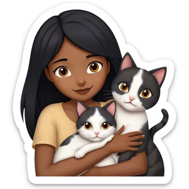 happy black haired girl hugging three cats  (carey cat, gray cat, white brown cat) sticker