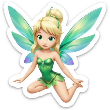 Isolated, 3D rendering, Tinkerbell wuth futuristic ultra detailed iridescent wings, flying above the clouds, blonde beautiful hair,  emerald green eyes, still life, vivid colors sticker