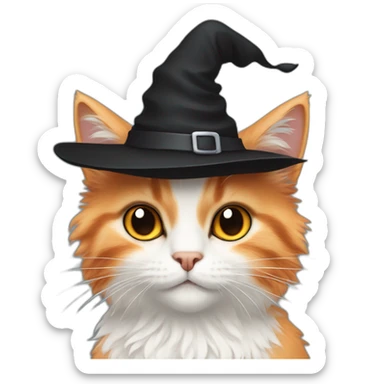 White-orange fluffy cat with black cone witch hat sticker