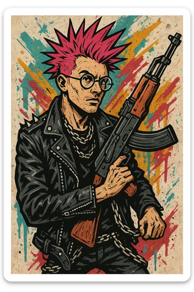 A punk guy with pink hair, wearing Harry Potter glasses, and holding an AK-47 sticker