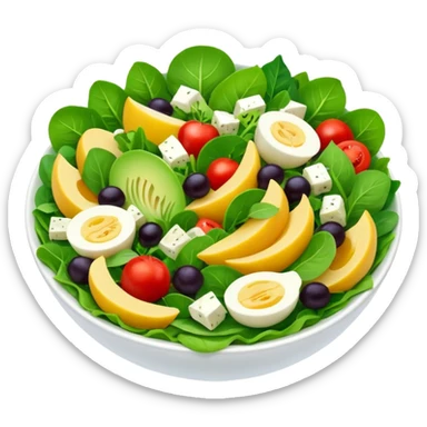 Salad community avatar in clean emoji-style illustration. Classic salads like Olivier and Tashkent, vibrant greens and colorful ingredients, simple shapes, flat design, high contrast, fresh and inviting. sticker