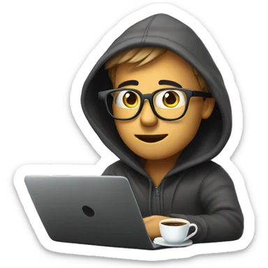 geek with spectacles and hoodie sitting infront of laptop with cup of coffee sticker