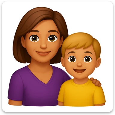 Create an image of a confident mom with a child by her side in the style of apple emojis. The style is emoji, which does not support text editing, so use the general style editor to replicate the emoji look. sticker