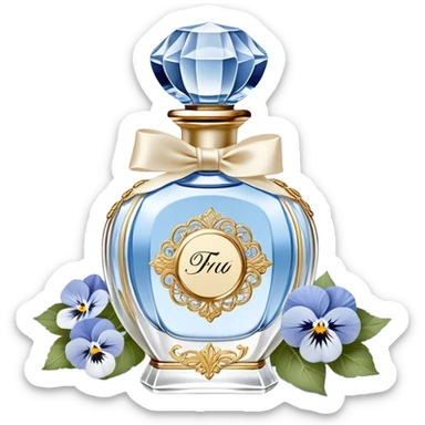 gainst a powdery blue silk backdrop, a vintage crystal perfume bottle with delicate gold filigree detailing catches the soft glow of the morning light. A silken ivory ribbon, loosely tied around its slender neck, cascades onto the fabric, creating soft folds. Scattered around the bottle, pale blue and creamy white pansies rest gently, their petals carrying hints of pearl-like shimmer. A few stray petals, kissed by the golden light, add a touch of delicate imperfection, evoking a sense of quiet romance. sticker