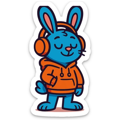 blue bunny in hoodie, one paw in pocket, headphones on, vibrant-toon style sticker