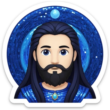 Saturn, God of Time from Gods and Goddesses with long black hair and beard, indigo sequin outfit sticker