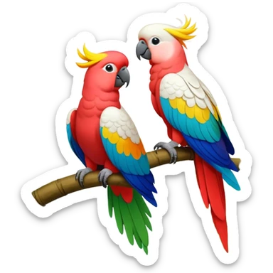 Close-up of colorful parrots Ara and Cockatoo Inca perched on tree branches, surrounded by lush greenery. Bright, vivid feathers contrast with the natural background of trees, leaves, fruits. Soft natural light, enhancing vibrant colors. Transparent background. sticker