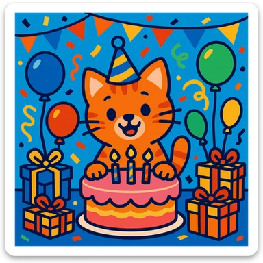 birthday party scene with colorful decorations, balloons, confetti, a large birthday cake, gifts, and a festive atmosphere, featuring a ginger tabby kitten wearing a birthday hat as the main character sticker