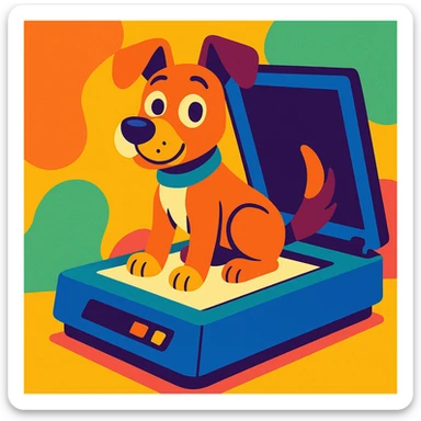 cartoon dog sitting on a flatbed scanner with scanner lid open, dog looking curious, playful and colorful style, as if about to be scanned sticker