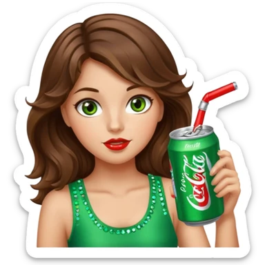 Girl with brown wavy hair green-brown eyes drinking a bedazzled Diet Coke  sticker