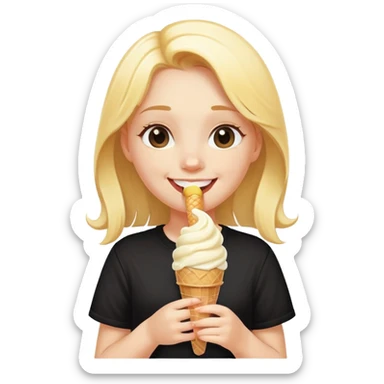 girl slurping one vanilla ice cream cone smiling with a black shirt on sticker