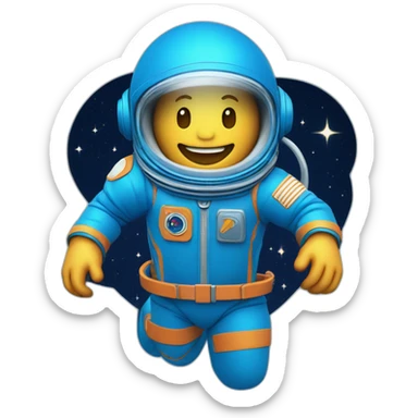 blue spaceman in a blue suit flying straight up into space with bluecadet logo on sleeve sticker