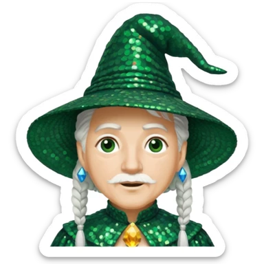 The Wizard from the Wizard of Oz with white hair, dark green sequin outfit sticker