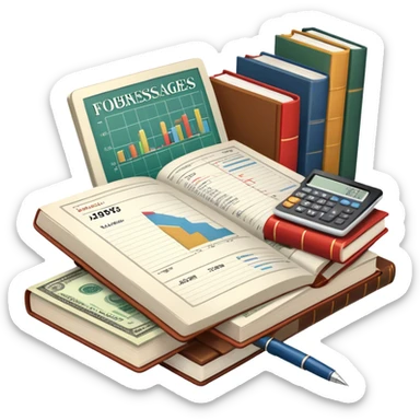Icon for Business Reading: an open book with graphs, numbers, percentages, formulas, and text on the pages, next to a stack of books, a pile of dollars, a calculator, a pen, and business magazines like Forbes. Transparent background. sticker