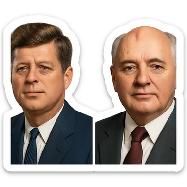 realistic icon of John F. Kennedy and Mikhail Gorbachev side by side, clean and focused sticker