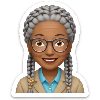 Older woman of color with gray braids, glasses and smiling sticker