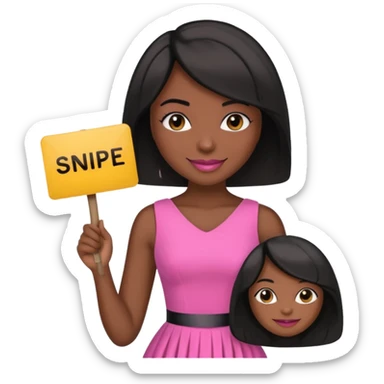 Dark skin woman with black bob in hair holding sign that says snipe  wearing pink dress  sticker