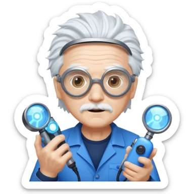 A quirky old inventor with wild white hair, goggles, and a glowing gadget in hand.
 sticker