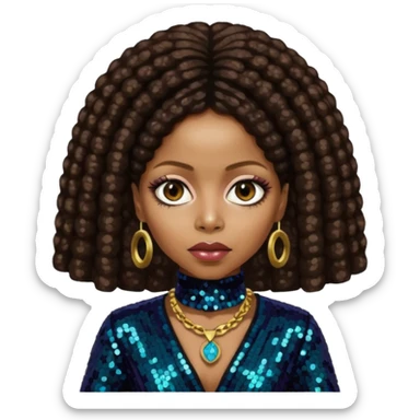 Erykah Badu with dark brown hair, dark brown sequin outfit sticker