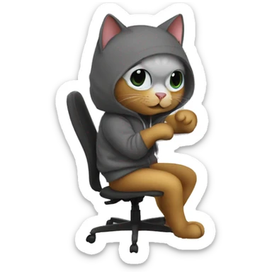 cat is a graphic designer in a hoodie and headphones, working at a computer in photoshop sticker