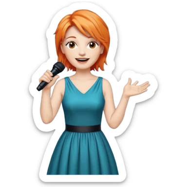 singer, Middle age, orange hair, happy, holding mic, wearing dress sticker